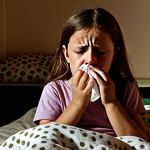 **Image Prompt 1: The Struggle with Allergic Rhinitis**
    An exhausted Italian parent sits beside a child's bed in a dimly lit room during the night. The child is restless, breathing with difficulty through a perpetually blocked nose, showing signs of discomfort and interrupted sleep. The parent looks worried and frustrated, perhaps holding a tissue or a nasal spray, conveying a sense of helplessness.