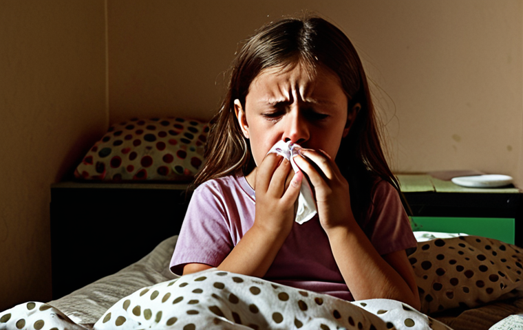 **Image Prompt 1: The Struggle with Allergic Rhinitis**
    An exhausted Italian parent sits beside a child's bed in a dimly lit room during the night. The child is restless, breathing with difficulty through a perpetually blocked nose, showing signs of discomfort and interrupted sleep. The parent looks worried and frustrated, perhaps holding a tissue or a nasal spray, conveying a sense of helplessness.