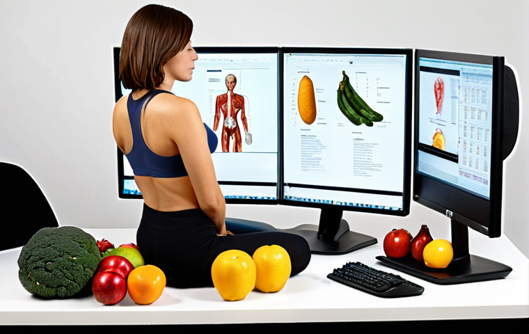 **
"A person sitting at an ergonomic workstation, with good posture, demonstrating proper back support and screen height, surrounded by healthy food choices like fruits and vegetables. Soft, natural lighting. Emphasis on ergonomic principles."
**