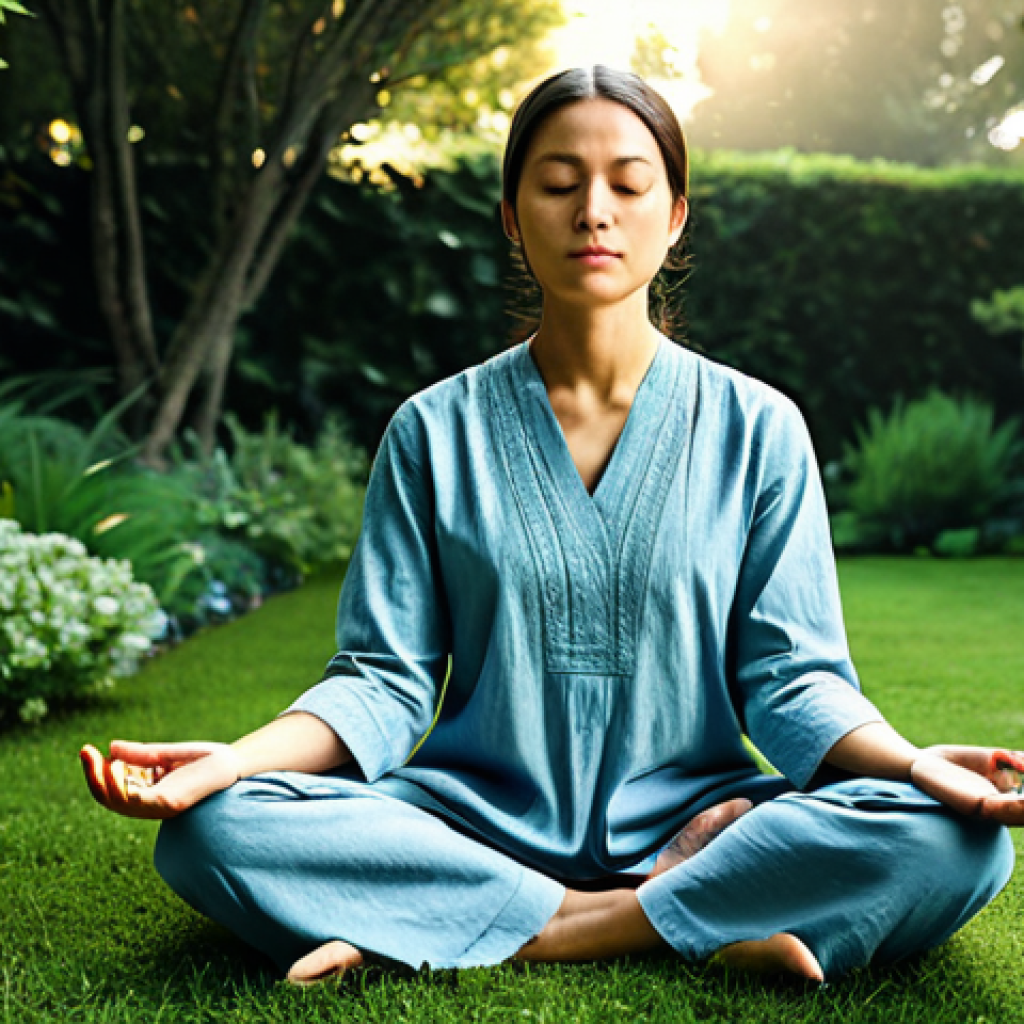 한방병원에서의 스트레스성 질환 치료 - Mindfulness Meditation**
"A woman in comfortable, modest clothing, sitting in a serene garden medit...