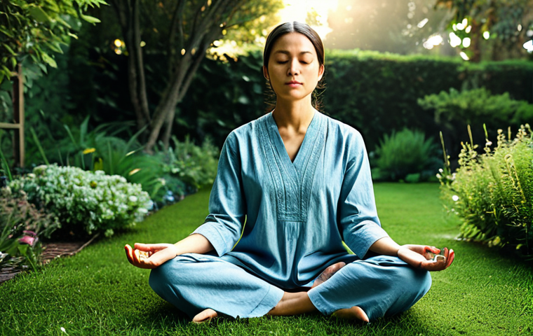 한방병원에서의 스트레스성 질환 치료 - Mindfulness Meditation**
"A woman in comfortable, modest clothing, sitting in a serene garden medit...