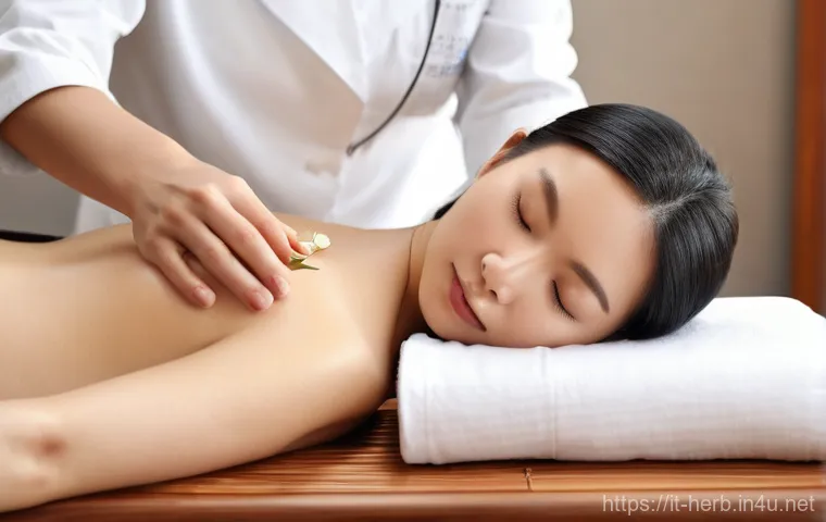 만성두통 한방병원 치료 사례 - **Acupuncture Session for Relaxation:** A calm and professional acupuncture session in a softly lit,...