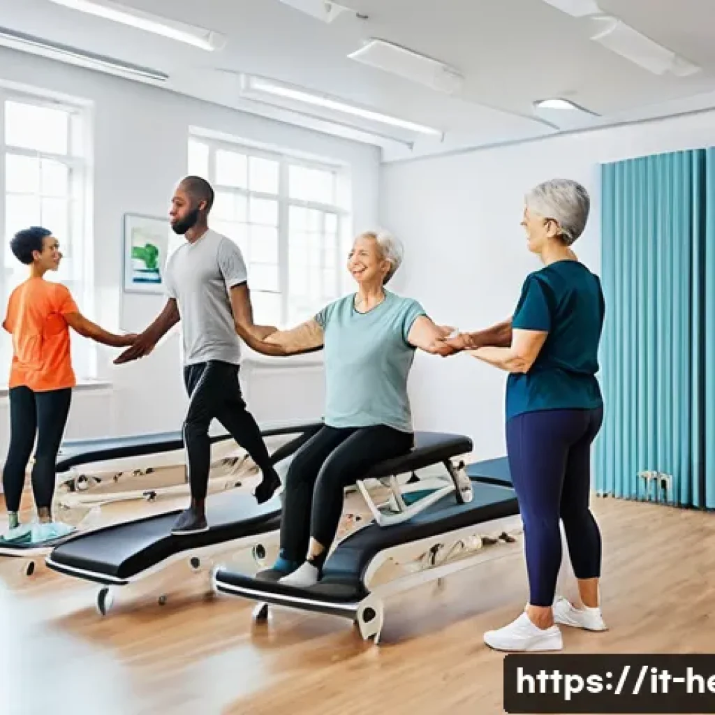 교통사고 환자 한방 치료 후기 - **Prompt:** A diverse group of adults in a bright, modern rehabilitation center, some engaging in ge...