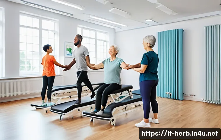 교통사고 환자 한방 치료 후기 - **Prompt:** A diverse group of adults in a bright, modern rehabilitation center, some engaging in ge...