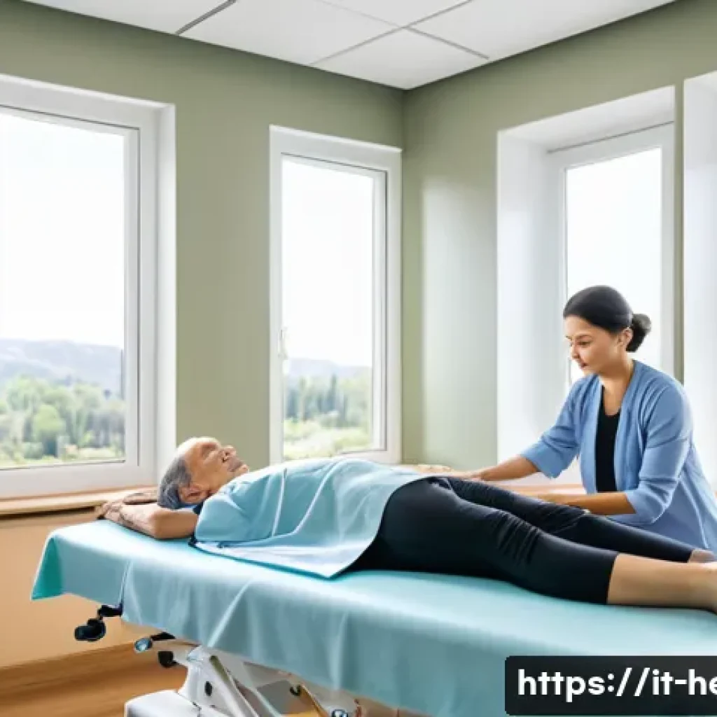 한방병원 추나요법 안전성 - A serene therapy room in a modern Italian clinic, featuring a skilled manual therapist performing ge...