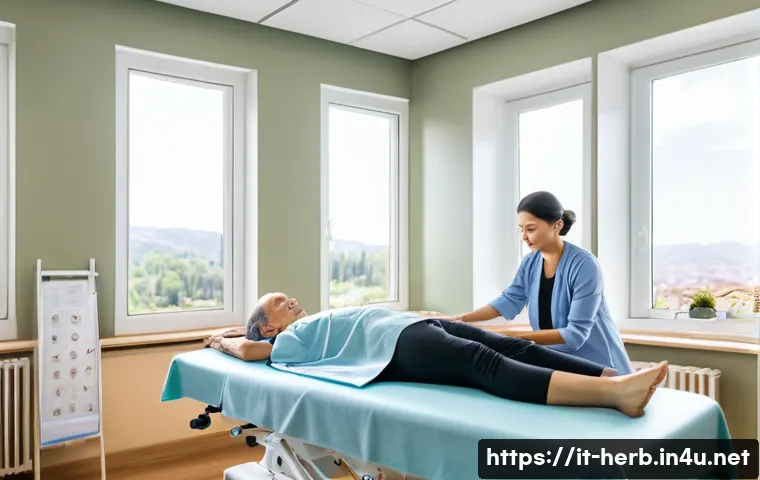 한방병원 추나요법 안전성 - A serene therapy room in a modern Italian clinic, featuring a skilled manual therapist performing ge...