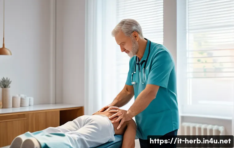 한방병원에서의 척추교정 효과 - A serene modern chiropractic clinic interior in Italy, featuring a skilled professional performing g...