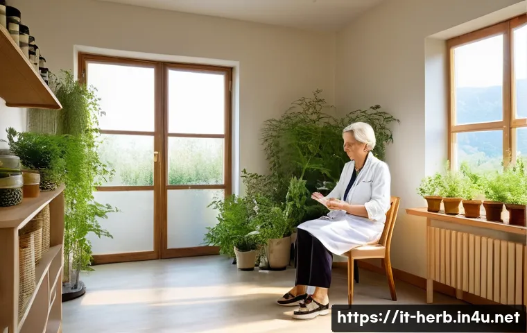 한방병원 진료 후기 모음 - A serene herbal therapy clinic room in Italy, featuring shelves lined with certified medicinal plant...