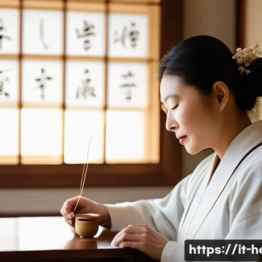 편두통 한방치료 방법 - A serene acupuncture session in a traditional Chinese medicine clinic, featuring a middle-aged Asian...