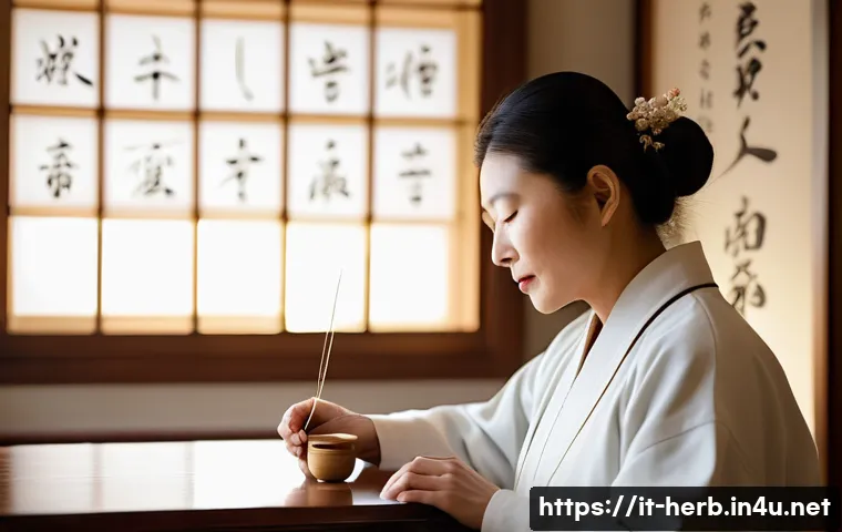 편두통 한방치료 방법 - A serene acupuncture session in a traditional Chinese medicine clinic, featuring a middle-aged Asian...