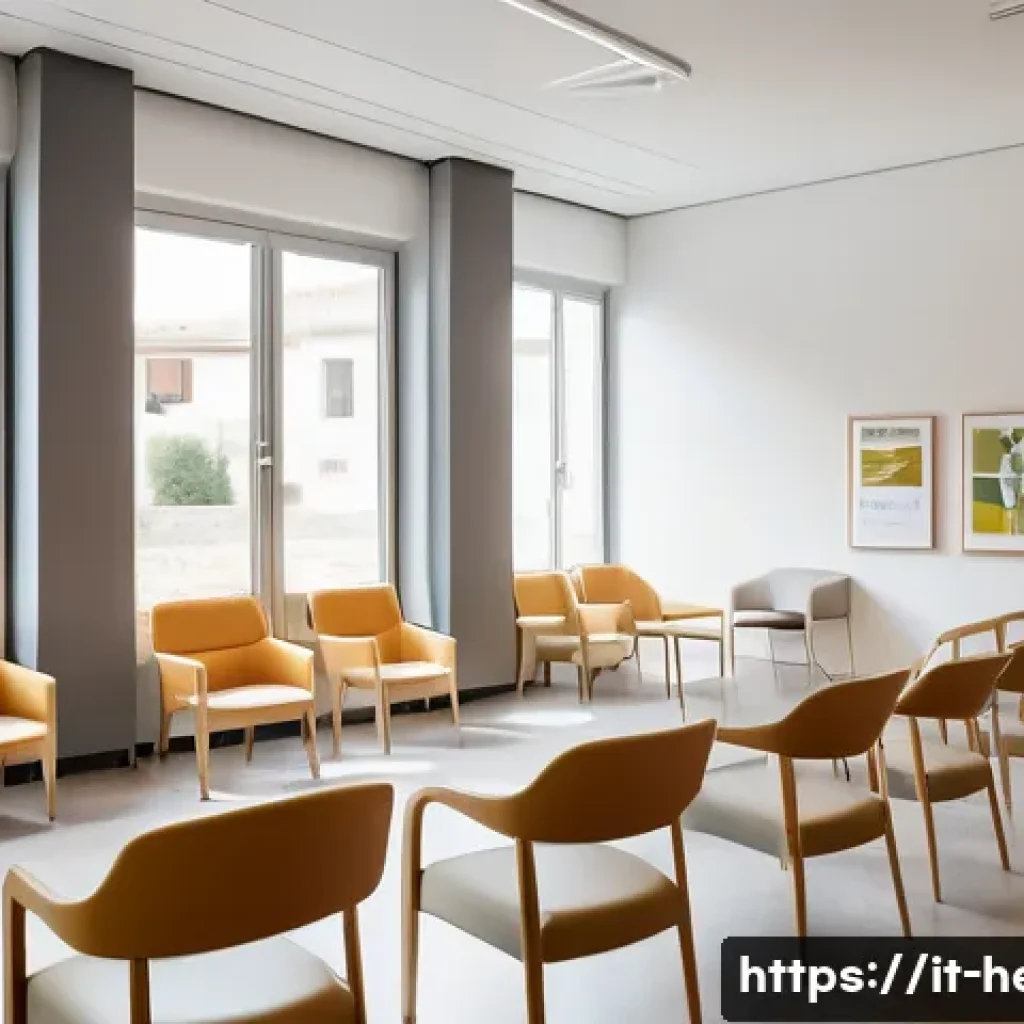 교통사고 후유증 치료 비용 - A modern rehabilitation clinic waiting area in Italy, featuring comfortable seating, natural light t...