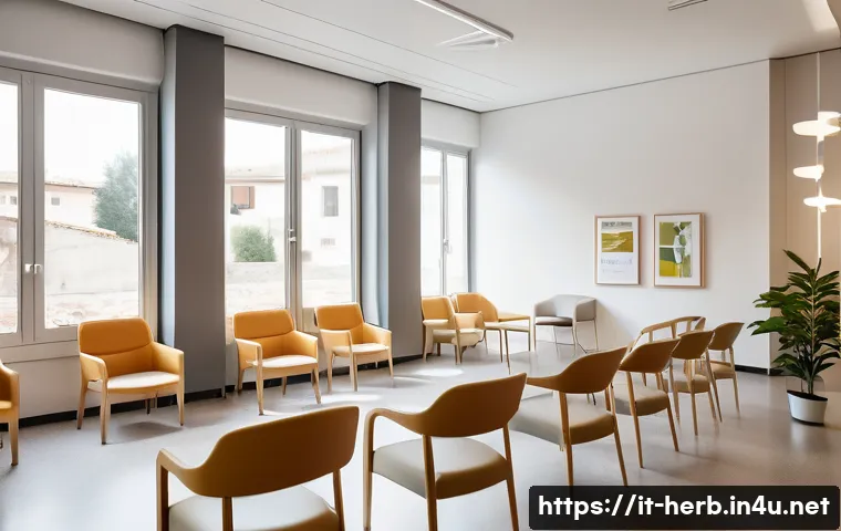 교통사고 후유증 치료 비용 - A modern rehabilitation clinic waiting area in Italy, featuring comfortable seating, natural light t...