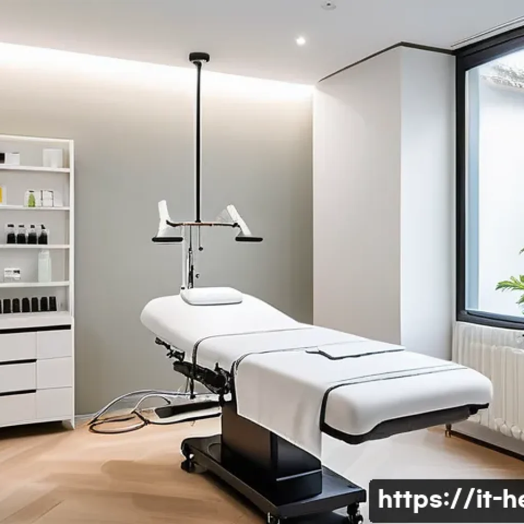 한방병원 침술 비용 - A modern acupuncture clinic interior in Milan, Italy, showcasing a sleek, well-lit treatment room wi...