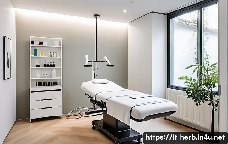 한방병원 침술 비용 - A modern acupuncture clinic interior in Milan, Italy, showcasing a sleek, well-lit treatment room wi...