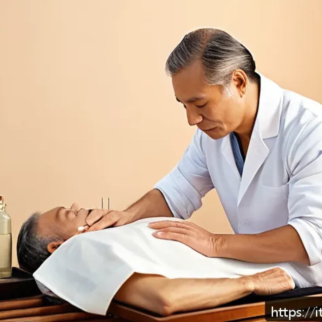 어깨 통증과 한방 치료 후기 - A serene wellness clinic scene showing a middle-aged Italian man receiving traditional acupuncture t...