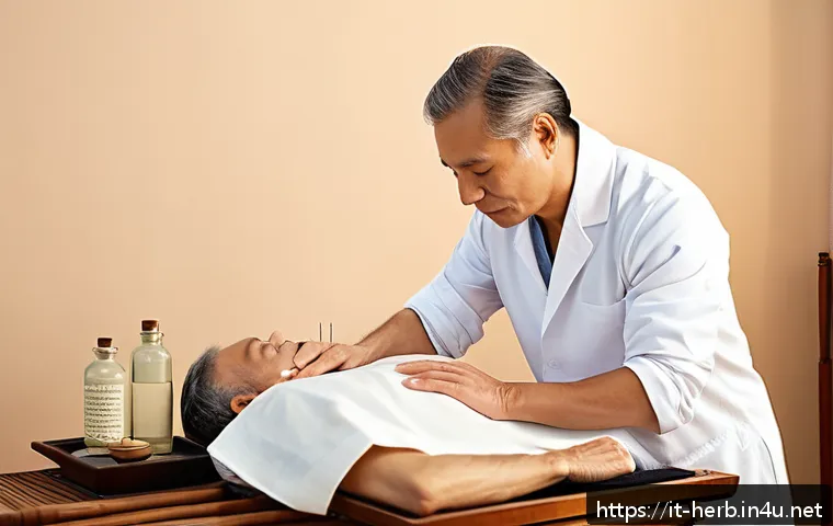 어깨 통증과 한방 치료 후기 - A serene wellness clinic scene showing a middle-aged Italian man receiving traditional acupuncture t...