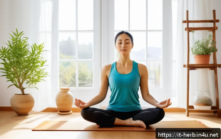 척추측만증 한방 치료 후기 - A serene holistic wellness scene featuring an Italian woman in her 30s wearing comfortable, modest w...
