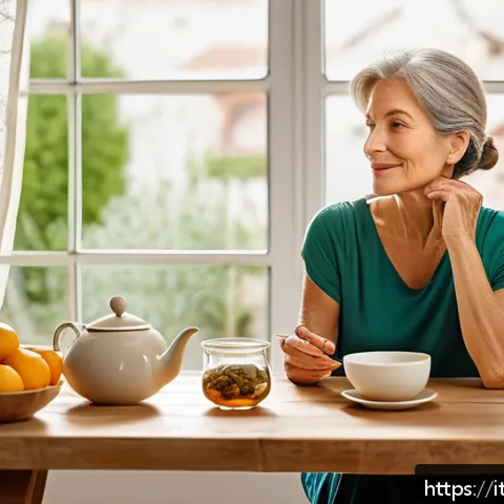 갱년기 증상 한방 관리법 - A serene and elegant middle-aged Italian woman sitting comfortably in a bright kitchen, sipping a wa...