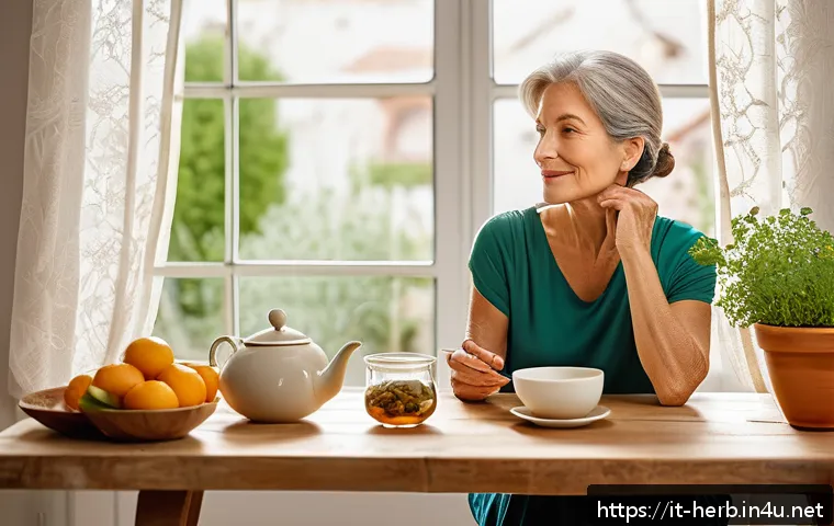 갱년기 증상 한방 관리법 - A serene and elegant middle-aged Italian woman sitting comfortably in a bright kitchen, sipping a wa...