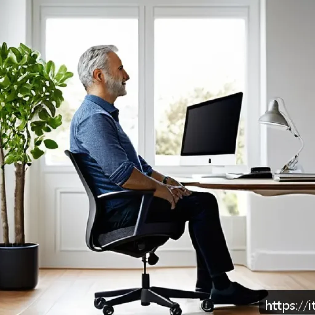 허리통증과 한방 침술 비교 - A modern home office setup emphasizing ergonomic posture for back health: a middle-aged Italian man ...