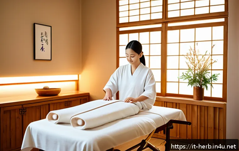 수면장애 한방치료 사례 - A serene acupuncture therapy scene in a cozy, softly lit treatment room inspired by traditional Chin...