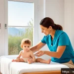 소아 성장치료와 추나요법 비교 - A gentle pediatric manual therapy session in a bright, cozy Italian clinic room, featuring a profess...