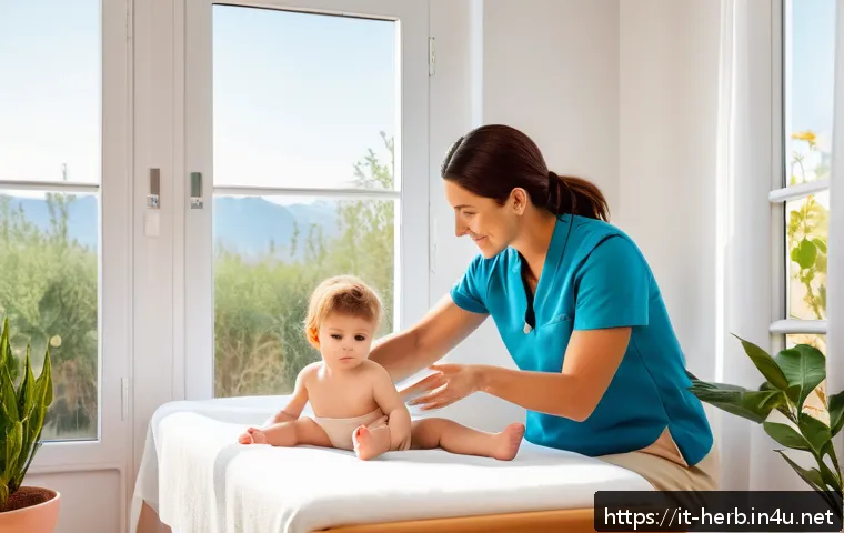 소아 성장치료와 추나요법 비교 - A gentle pediatric manual therapy session in a bright, cozy Italian clinic room, featuring a profess...