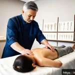 허리디스크 한방 침술 성공 사례 - A professional acupuncture therapy scene in a modern Italian clinic, showing a middle-aged patient l...