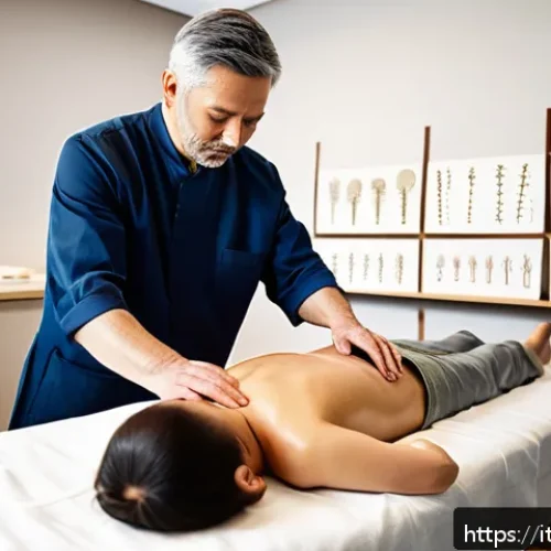 허리디스크 한방 침술 성공 사례 - A professional acupuncture therapy scene in a modern Italian clinic, showing a middle-aged patient l...