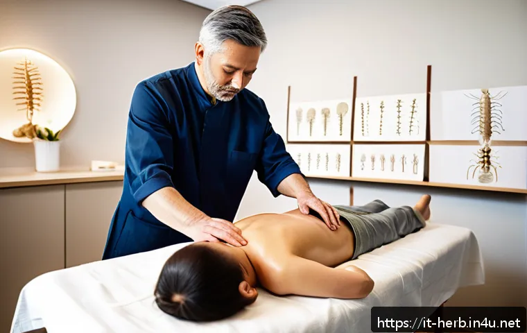 허리디스크 한방 침술 성공 사례 - A professional acupuncture therapy scene in a modern Italian clinic, showing a middle-aged patient l...