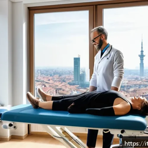 어깨 교정 추나요법 비용 - A modern physiotherapy clinic in Milan, Italy, featuring a spacious treatment room with sleek medica...
