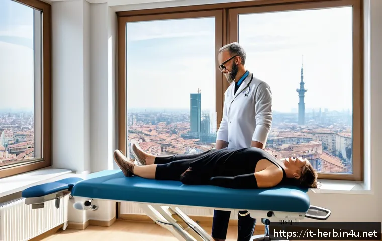 어깨 교정 추나요법 비용 - A modern physiotherapy clinic in Milan, Italy, featuring a spacious treatment room with sleek medica...