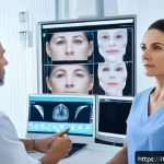한방병원에서의 안면비대칭 교정 - A professional clinical setting featuring a middle-aged Italian woman undergoing a detailed facial s...