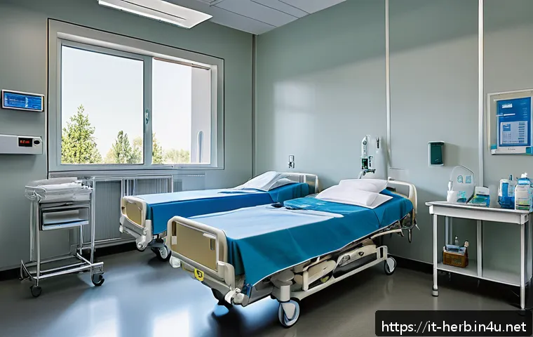 교통사고 입원비 한방병원 비용 - A detailed hospital room scene in a modern Italian public hospital, showing a patient with light ban...